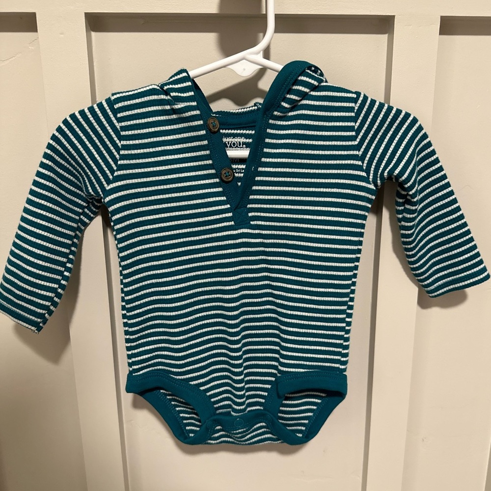 Striped baby onesie with hood